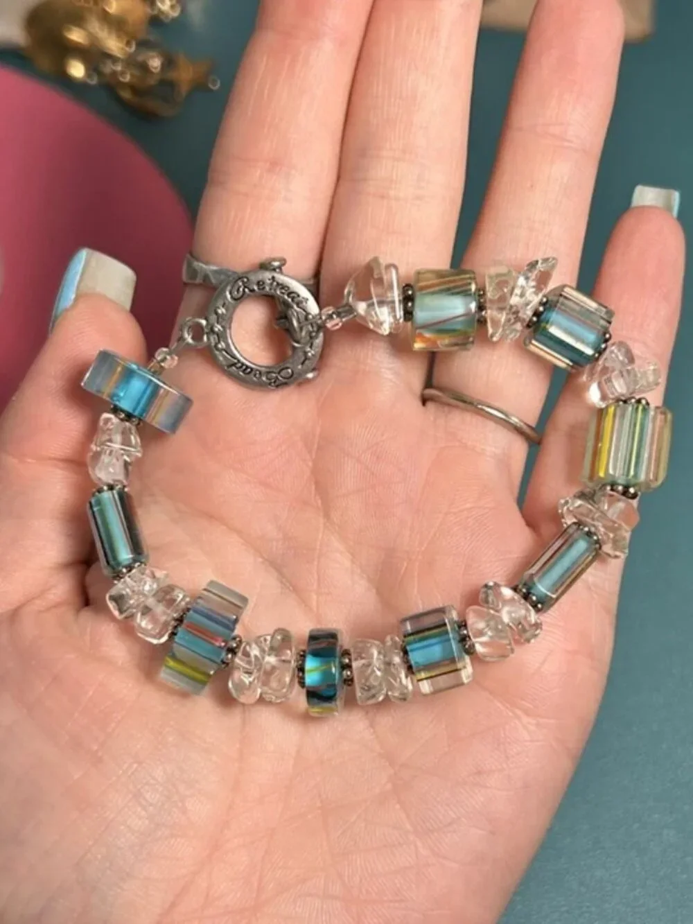 Vintage Bead Retreat Artisan Striped Glass & Quartz Crystal Toggle Bracelet